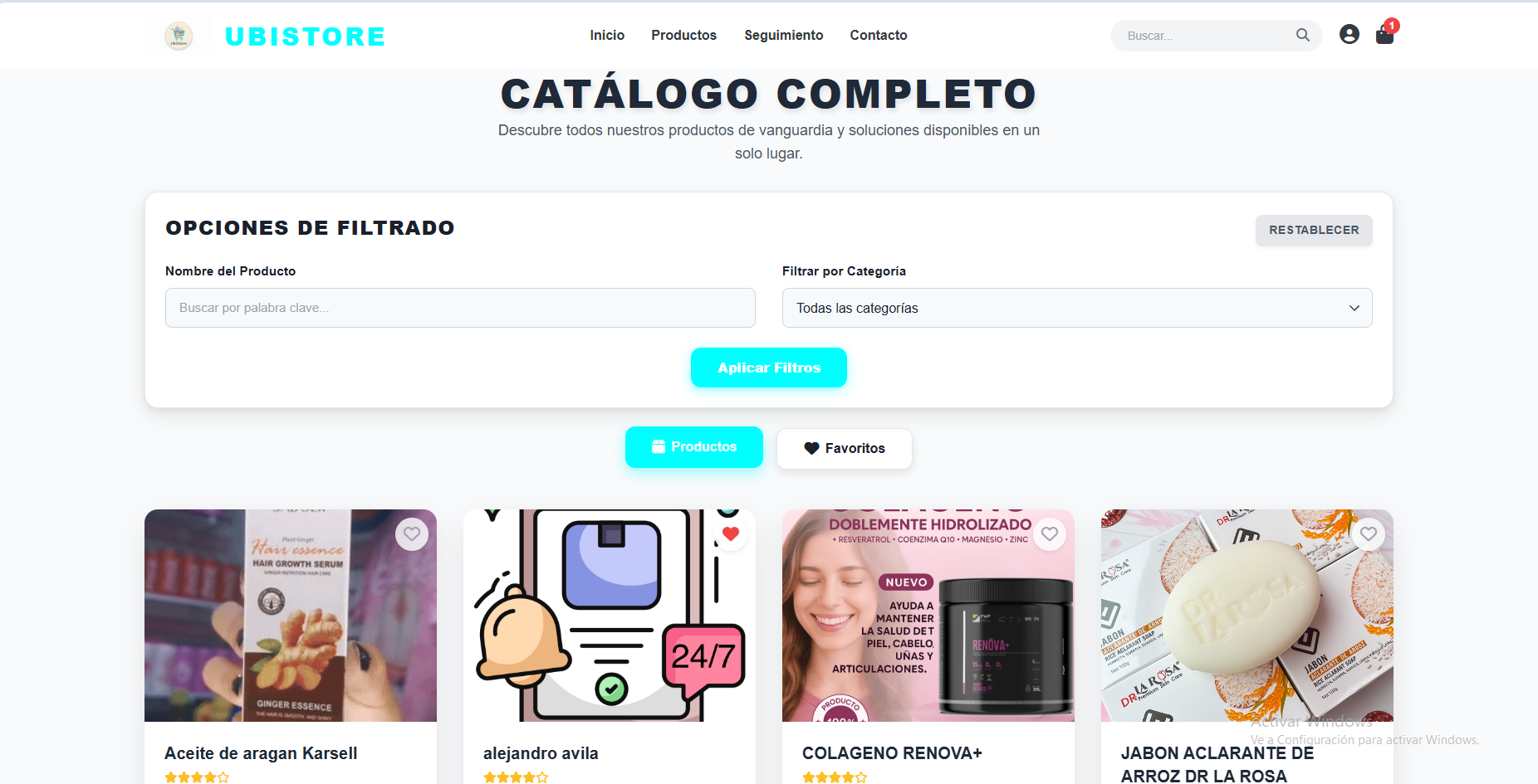 Catálogo de productos de la tienda virtual de EasatServices: zapatillas, gorras, etc.