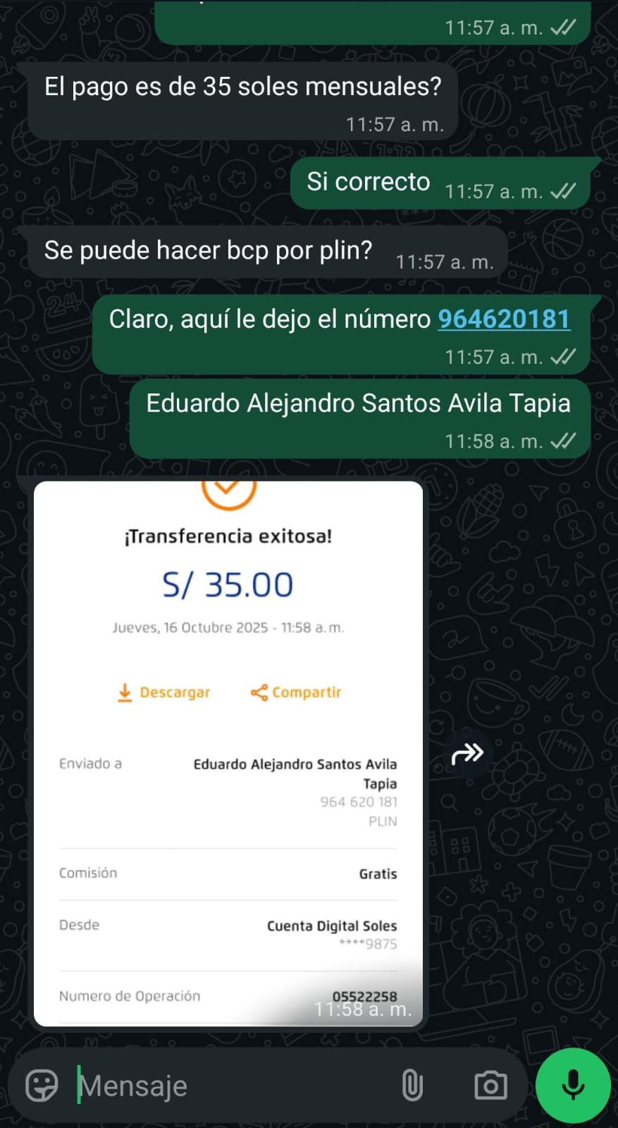 Referencia de pago de Plan Básico por PLIN